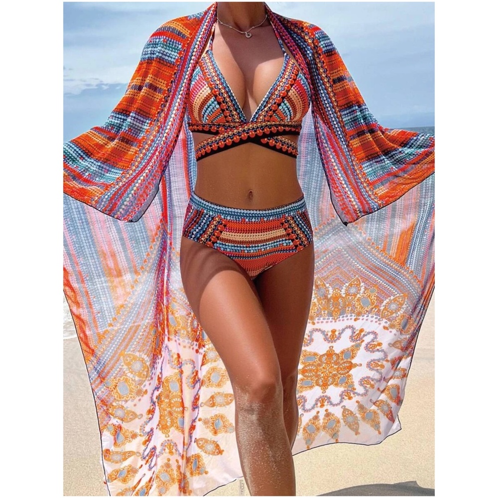 Boho Print Cut out Halter High Waisted Bikini Cover up - Picture 4 of 6